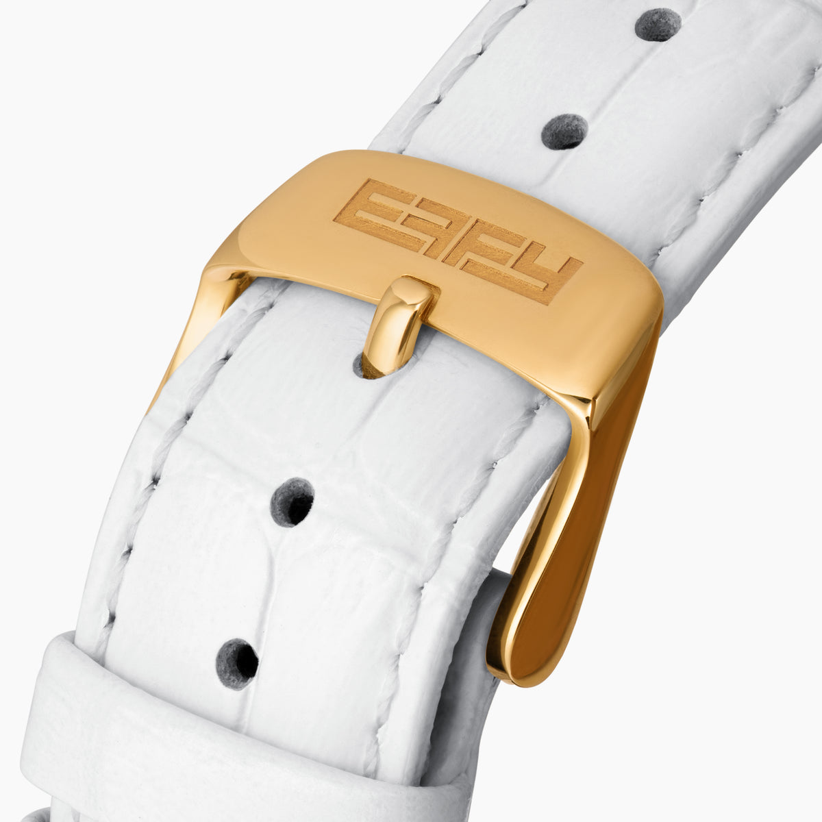 Introducing the 39MM Swiss Made 18K Yellow Gold Watch with Diamonds and Rainbow Gemstones, featuring a square face, diamond-encrusted bezel with multicolored gems, and a white textured leather strap.