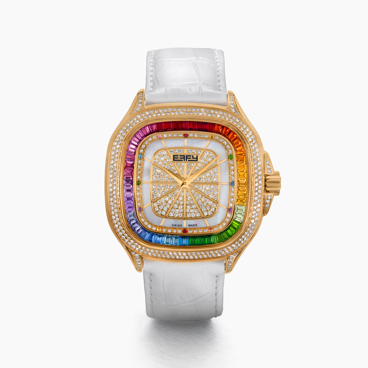 Introducing the 39MM Swiss Made 18K Yellow Gold Watch with Diamonds and Rainbow Gemstones, featuring a square face, diamond-encrusted bezel with multicolored gems, and a white textured leather strap.