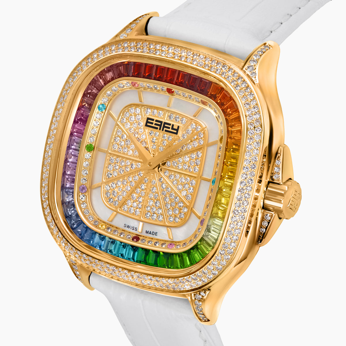 Introducing the 39MM Swiss Made 18K Yellow Gold Watch with Diamonds and Rainbow Gemstones, featuring a square face, diamond-encrusted bezel with multicolored gems, and a white textured leather strap.