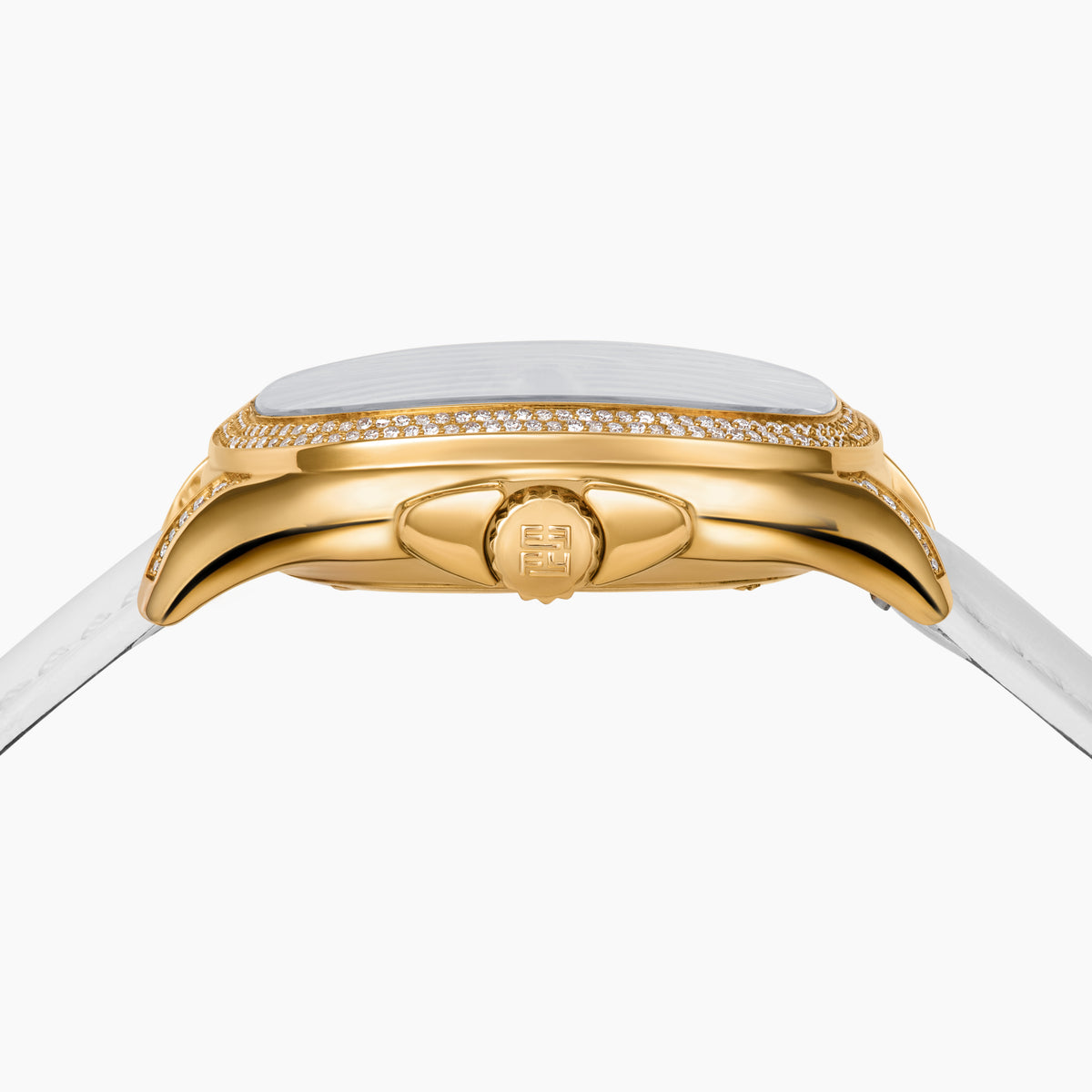Introducing the 39MM Swiss Made 18K Yellow Gold Watch with Diamonds and Rainbow Gemstones, featuring a square face, diamond-encrusted bezel with multicolored gems, and a white textured leather strap.