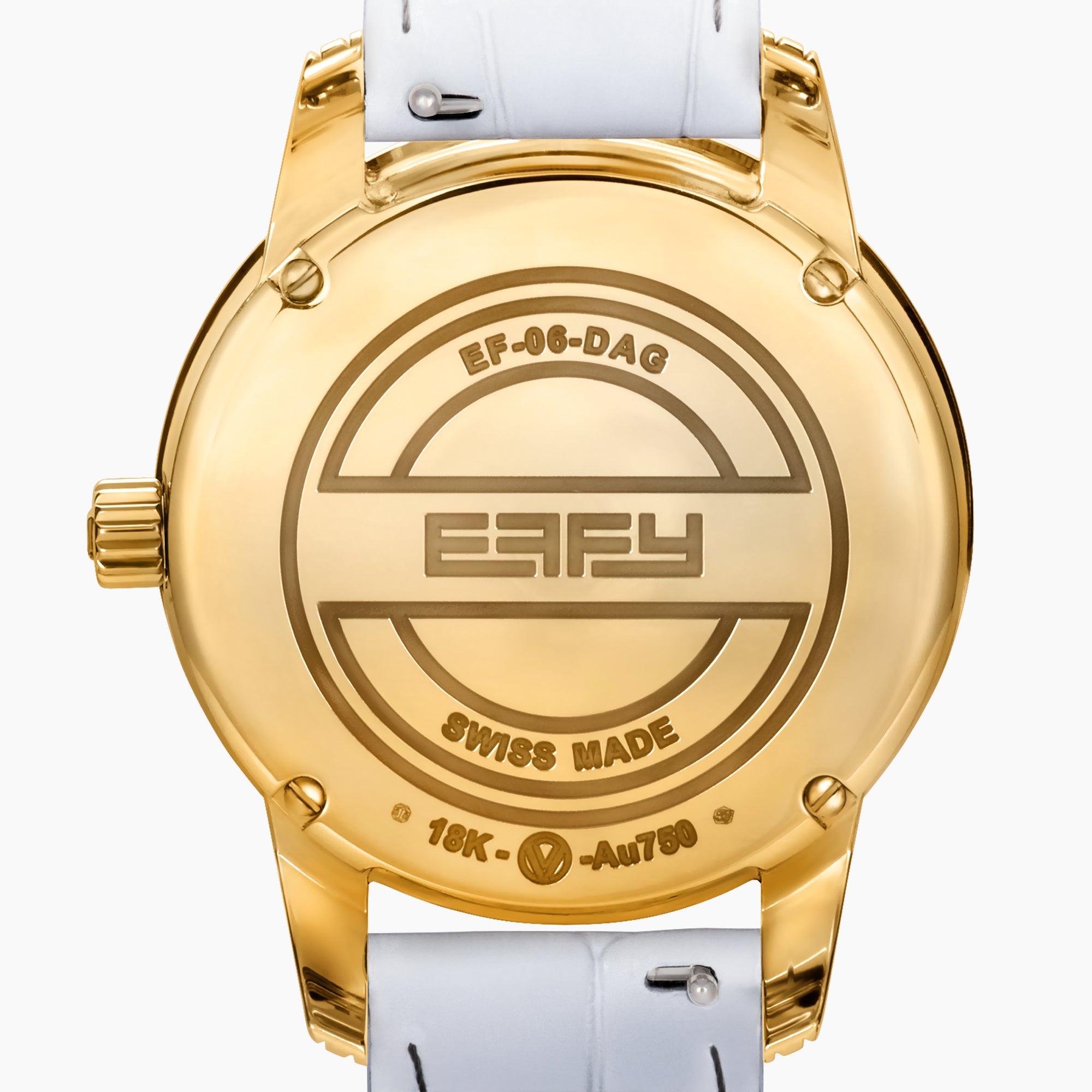 The 38MM Swiss Made 18K Yellow Gold Watch features diamonds and rainbow spinel on its face, a white leather strap, and the word “EARLY” at the center for a luxurious look.