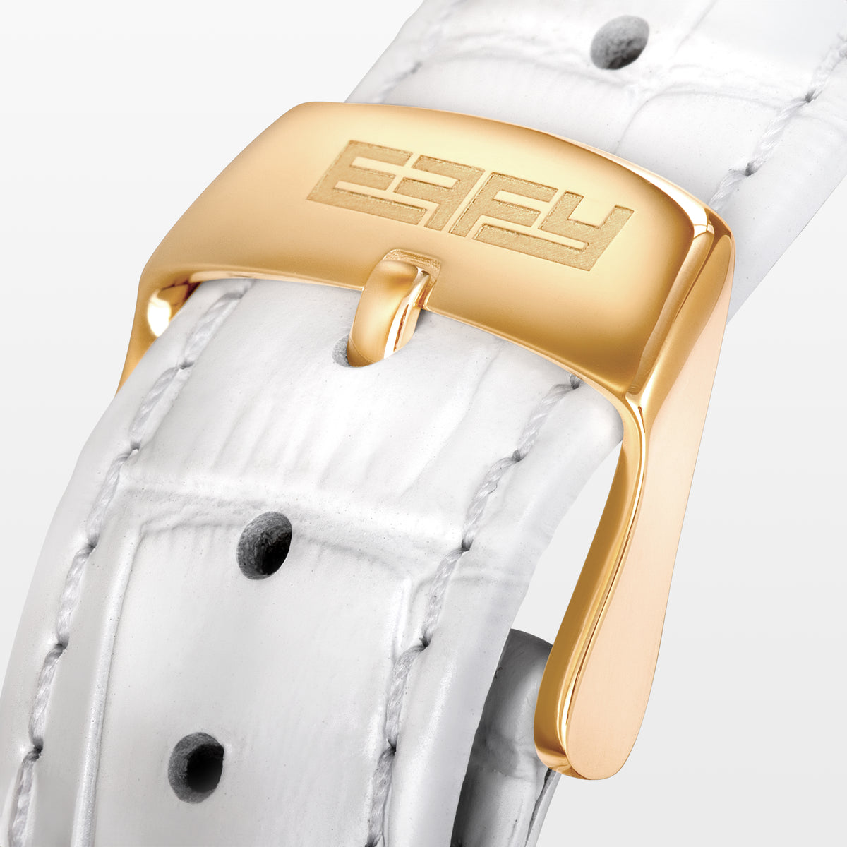 The 38MM Swiss Made 18K Yellow Gold Watch features diamonds and rainbow spinel on its face, a white leather strap, and the word “EARLY” at the center for a luxurious look.