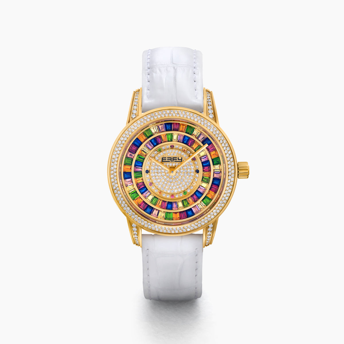 The 38MM Swiss Made 18K Yellow Gold Watch features diamonds and rainbow spinel on its face, a white leather strap, and the word “EARLY” at the center for a luxurious look.