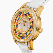 The 38MM Swiss Made 18K Yellow Gold Watch features diamonds and rainbow spinel on its face, a white leather strap, and the word “EARLY” at the center for a luxurious look.