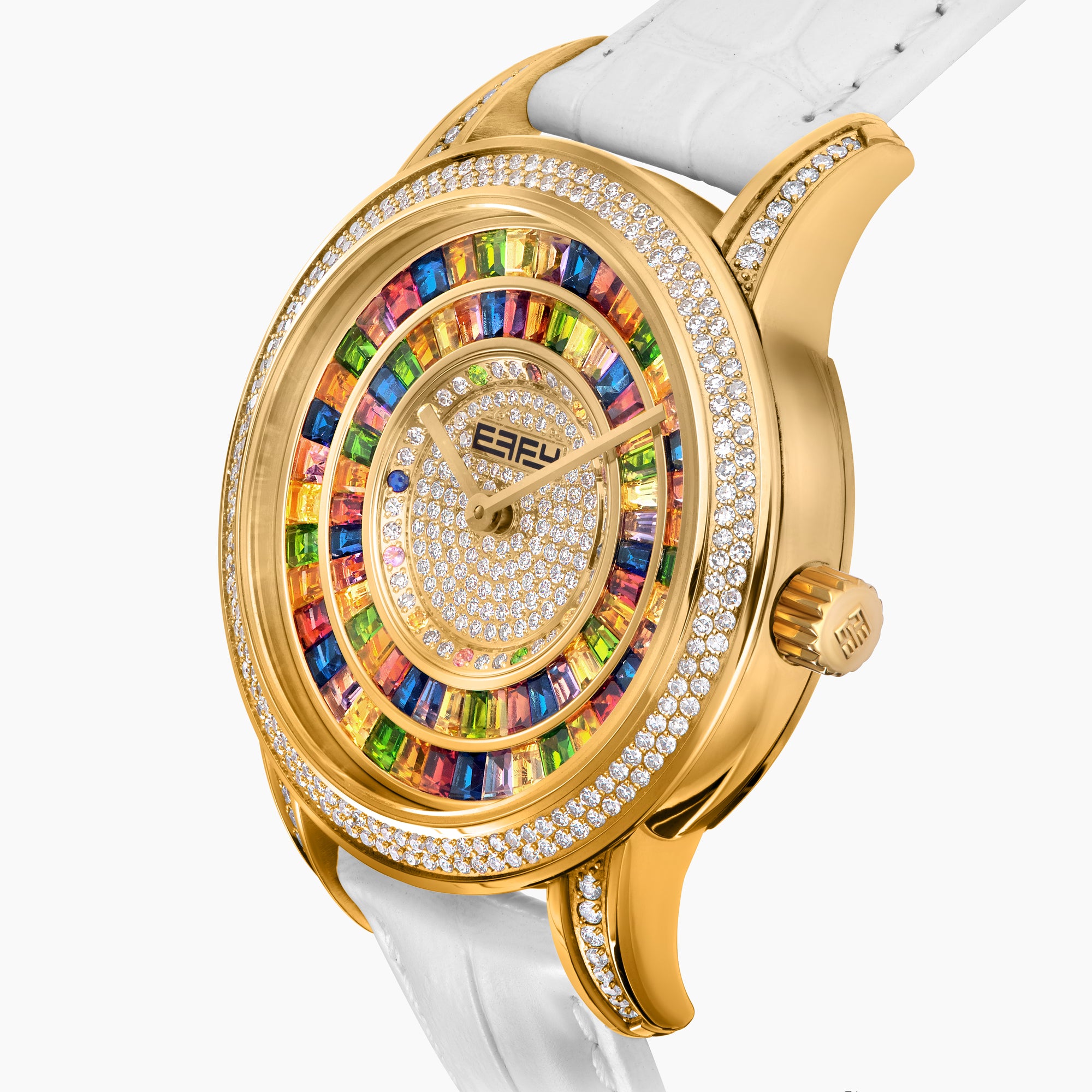 The 38MM Swiss Made 18K Yellow Gold Watch features diamonds and rainbow spinel on its face, a white leather strap, and the word “EARLY” at the center for a luxurious look.