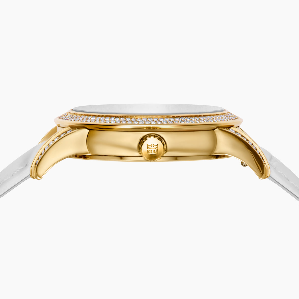 The 38MM Swiss Made 18K Yellow Gold Watch features diamonds and rainbow spinel on its face, a white leather strap, and the word “EARLY” at the center for a luxurious look.