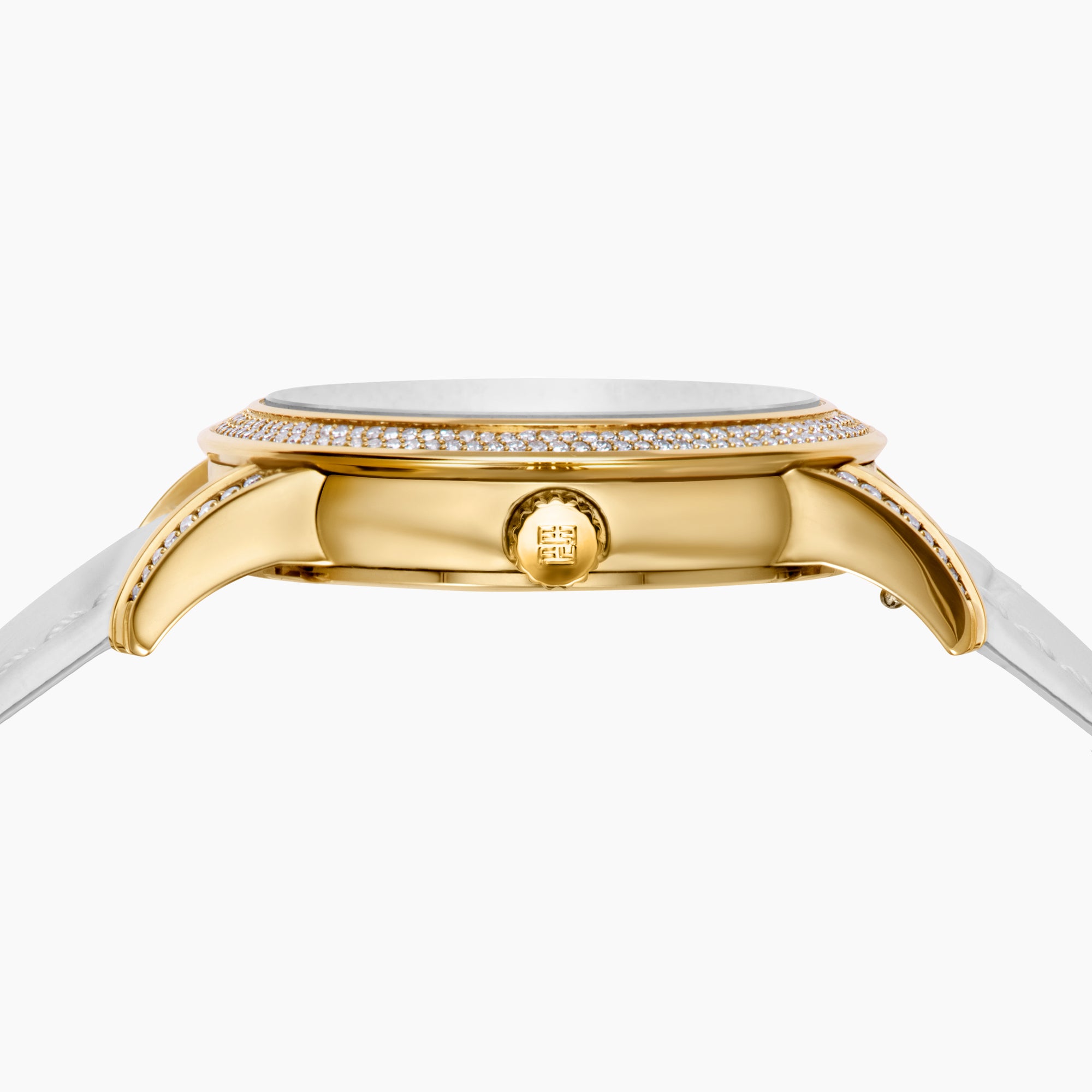 The 38MM Swiss Made 18K Yellow Gold Watch features diamonds and rainbow spinel on its face, a white leather strap, and the word “EARLY” at the center for a luxurious look.