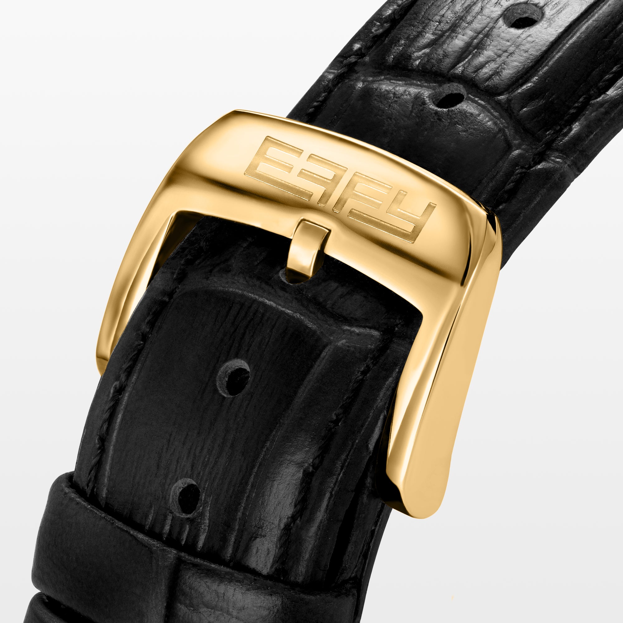 The 41MM Swiss Made 18K Yellow Gold Signature Panther Watch features a diamond bezel, black leather strap, and jeweled panther dial with black spots, green eyes, and a blue-and-gold accented subdial.