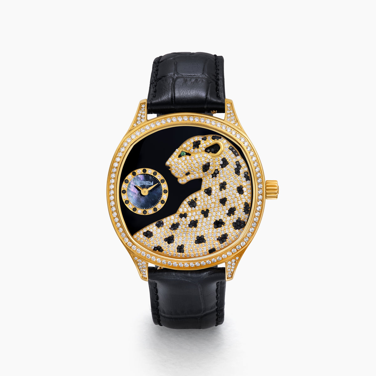 The 41MM Swiss Made 18K Yellow Gold Signature Panther Watch features a diamond bezel, black leather strap, and jeweled panther dial with black spots, green eyes, and a blue-and-gold accented subdial.