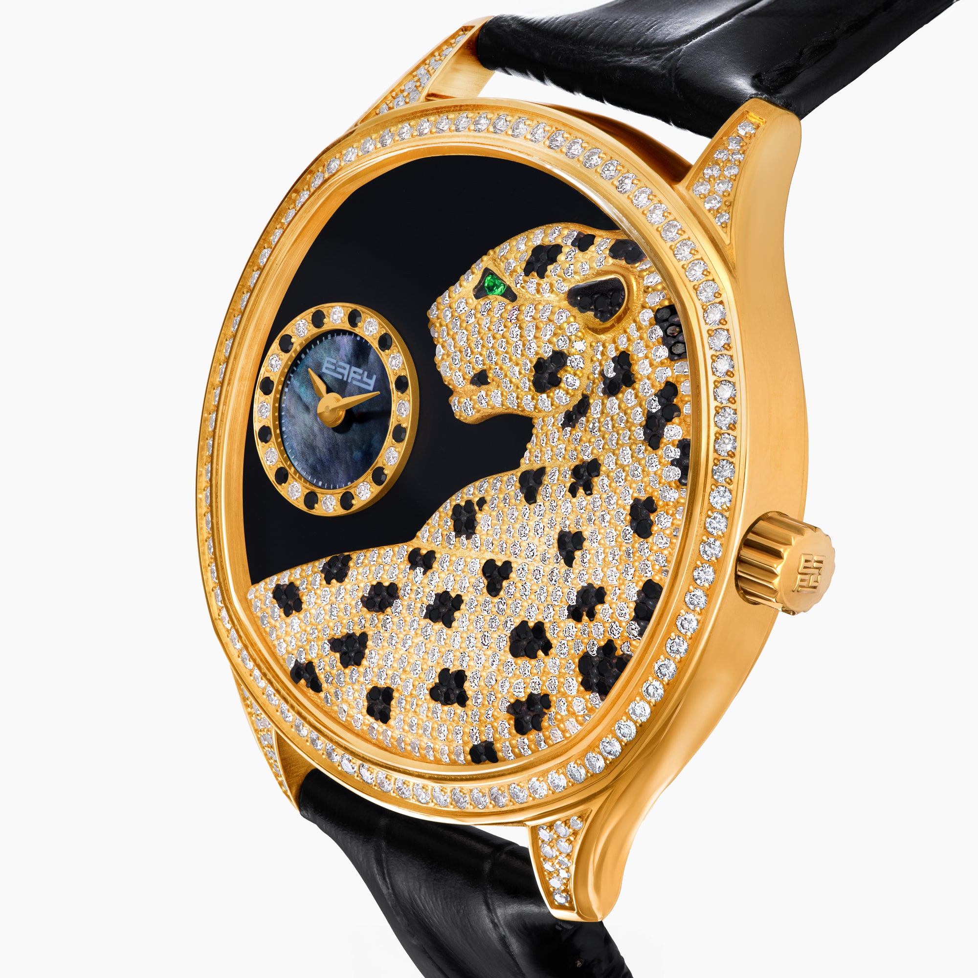 The 41MM Swiss Made 18K Yellow Gold Signature Panther Watch features a diamond bezel, black leather strap, and jeweled panther dial with black spots, green eyes, and a blue-and-gold accented subdial.