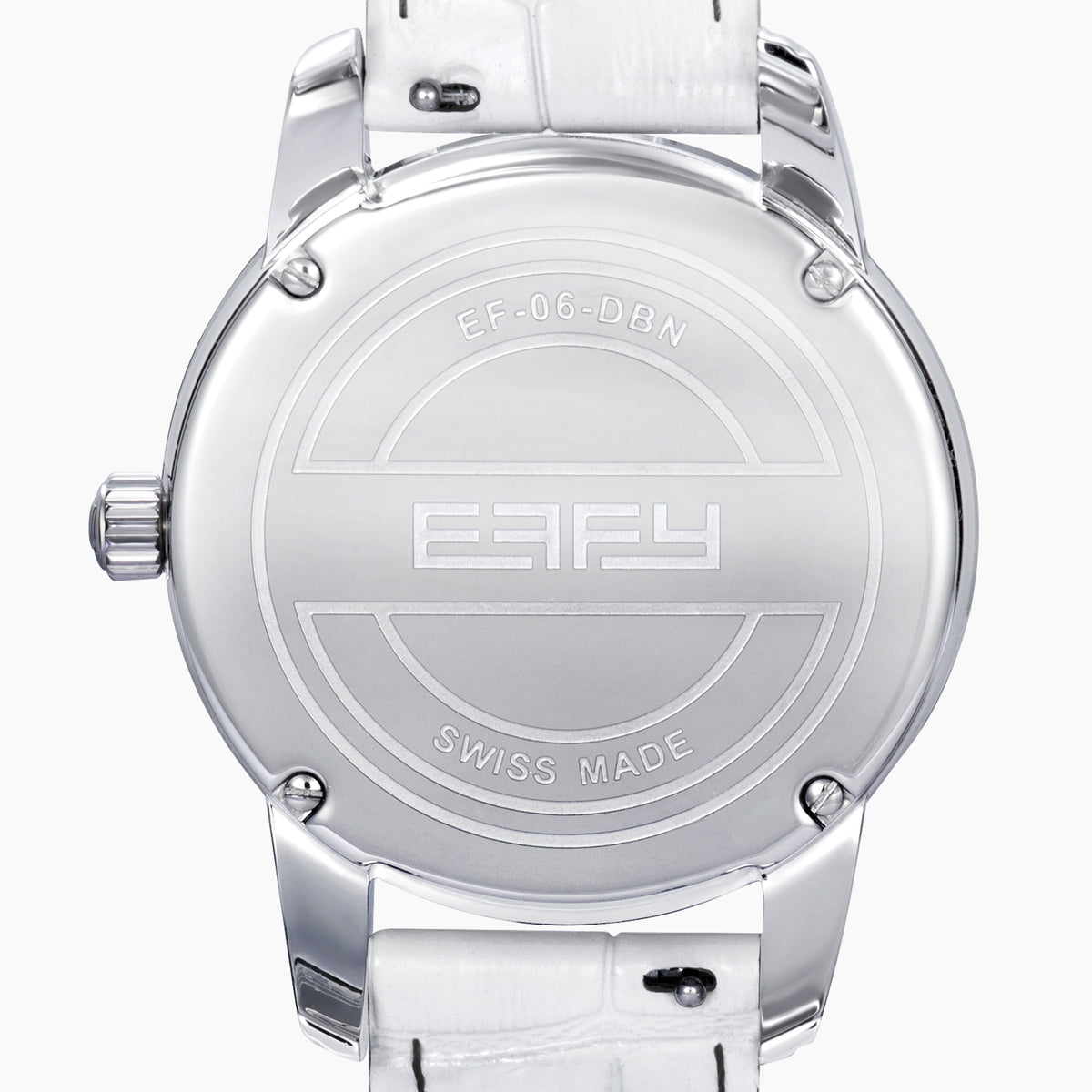The 38MM Swiss Made Stainless Steel Watch by Effy features a white leather strap, diamond-set bezel, and a dial adorned with concentric rings of rainbow sapphires and spinel for a vibrant, luxurious look.