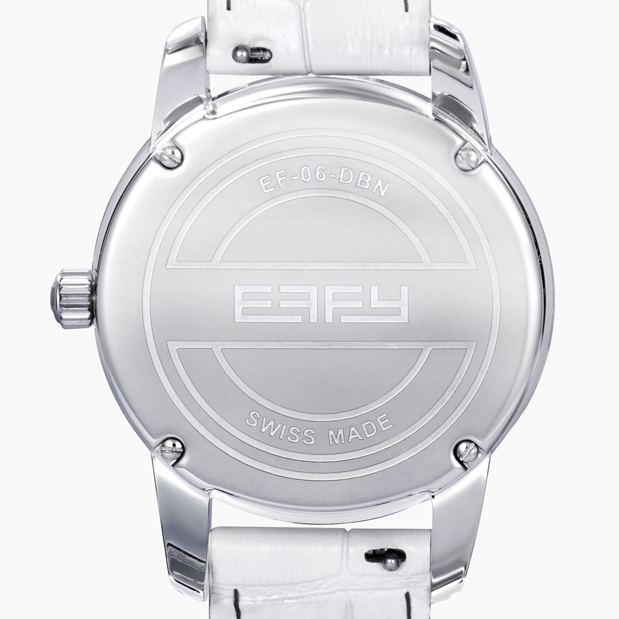 The 38MM Swiss Made Stainless Steel Watch by Effy features a white leather strap, diamond-set bezel, and a dial adorned with concentric rings of rainbow sapphires and spinel for a vibrant, luxurious look.