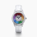 The 38MM Swiss Made Stainless Steel Watch by Effy features a white leather strap, diamond-set bezel, and a dial adorned with concentric rings of rainbow sapphires and spinel for a vibrant, luxurious look.