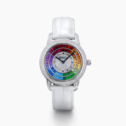 The 38MM Swiss Made Stainless Steel Watch by Effy features a white leather strap, diamond-set bezel, and a dial adorned with concentric rings of rainbow sapphires and spinel for a vibrant, luxurious look.