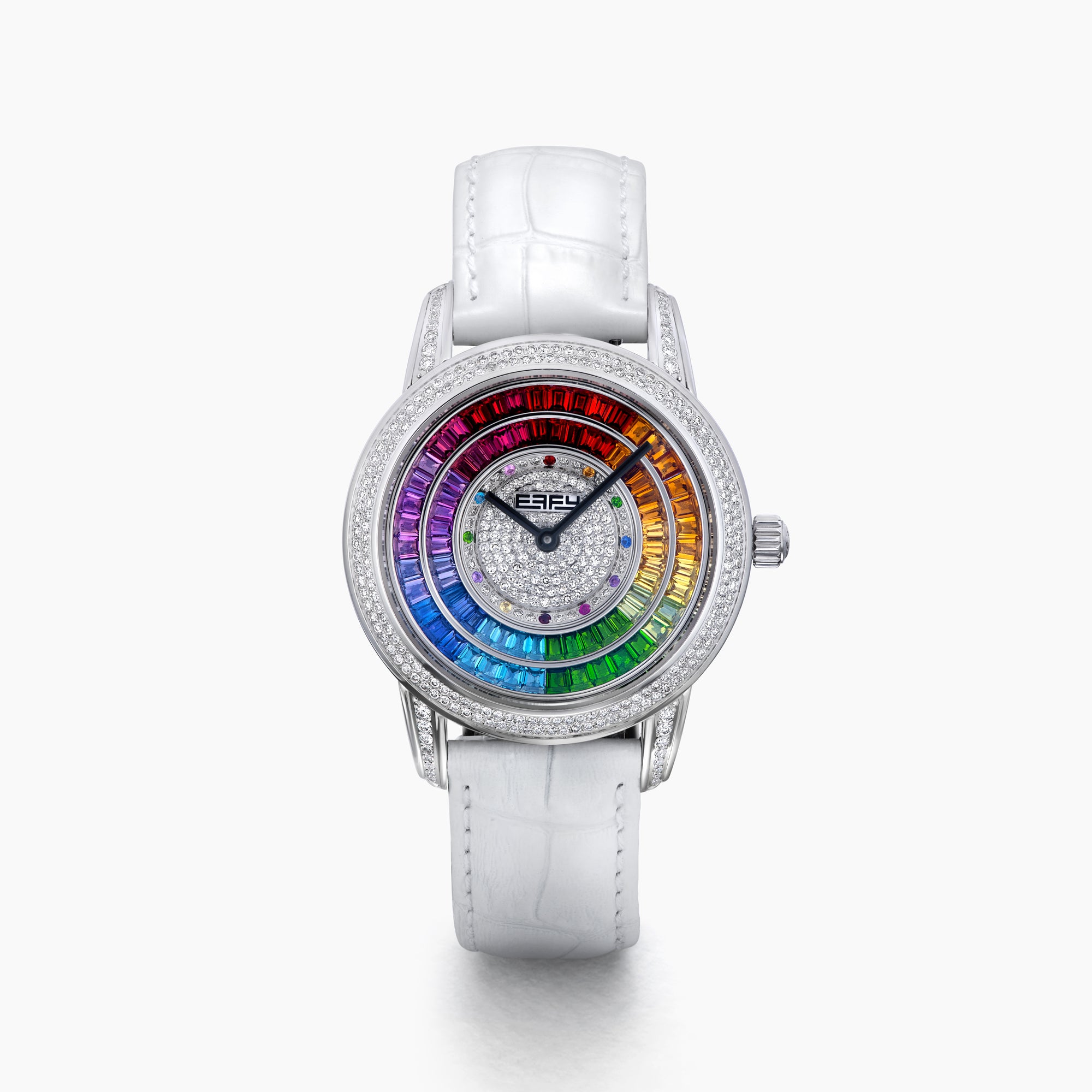 The 38MM Swiss Made Stainless Steel Watch by Effy features a white leather strap, diamond-set bezel, and a dial adorned with concentric rings of rainbow sapphires and spinel for a vibrant, luxurious look.