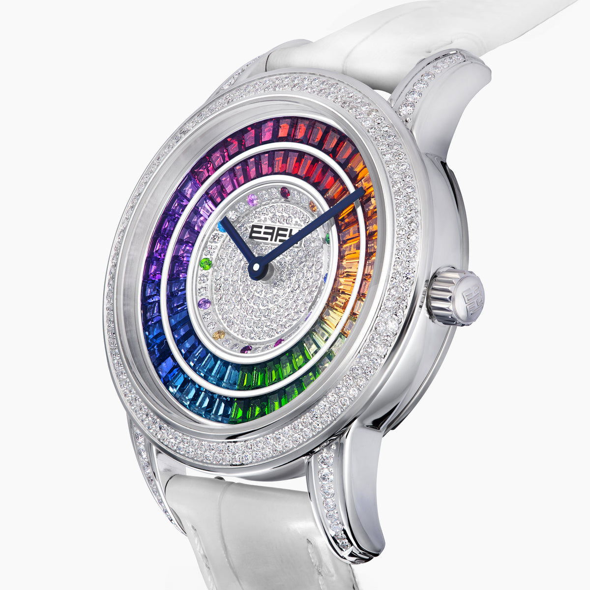 The 38MM Swiss Made Stainless Steel Watch by Effy features a white leather strap, diamond-set bezel, and a dial adorned with concentric rings of rainbow sapphires and spinel for a vibrant, luxurious look.