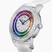 The 38MM Swiss Made Stainless Steel Watch by Effy features a white leather strap, diamond-set bezel, and a dial adorned with concentric rings of rainbow sapphires and spinel for a vibrant, luxurious look.