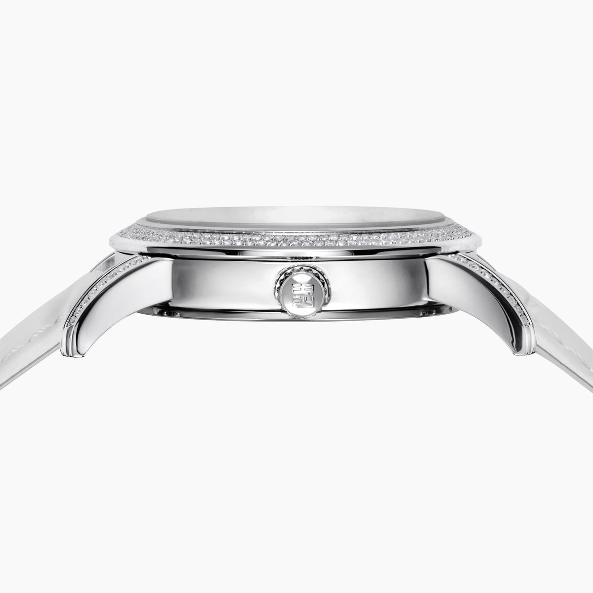 The 38MM Swiss Made Stainless Steel Watch by Effy features a white leather strap, diamond-set bezel, and a dial adorned with concentric rings of rainbow sapphires and spinel for a vibrant, luxurious look.