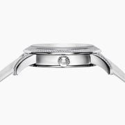 The 38MM Swiss Made Stainless Steel Watch by Effy features a white leather strap, diamond-set bezel, and a dial adorned with concentric rings of rainbow sapphires and spinel for a vibrant, luxurious look.