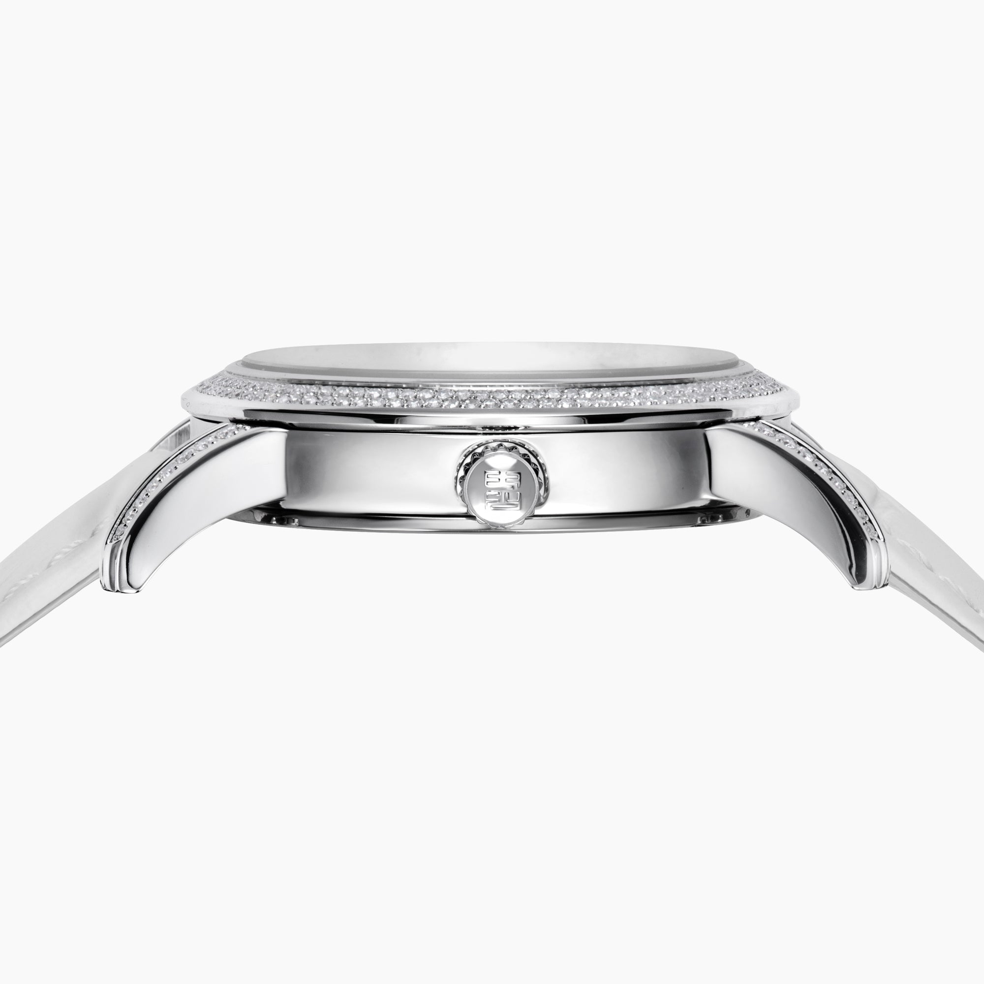 The 38MM Swiss Made Stainless Steel Watch by Effy features a white leather strap, diamond-set bezel, and a dial adorned with concentric rings of rainbow sapphires and spinel for a vibrant, luxurious look.