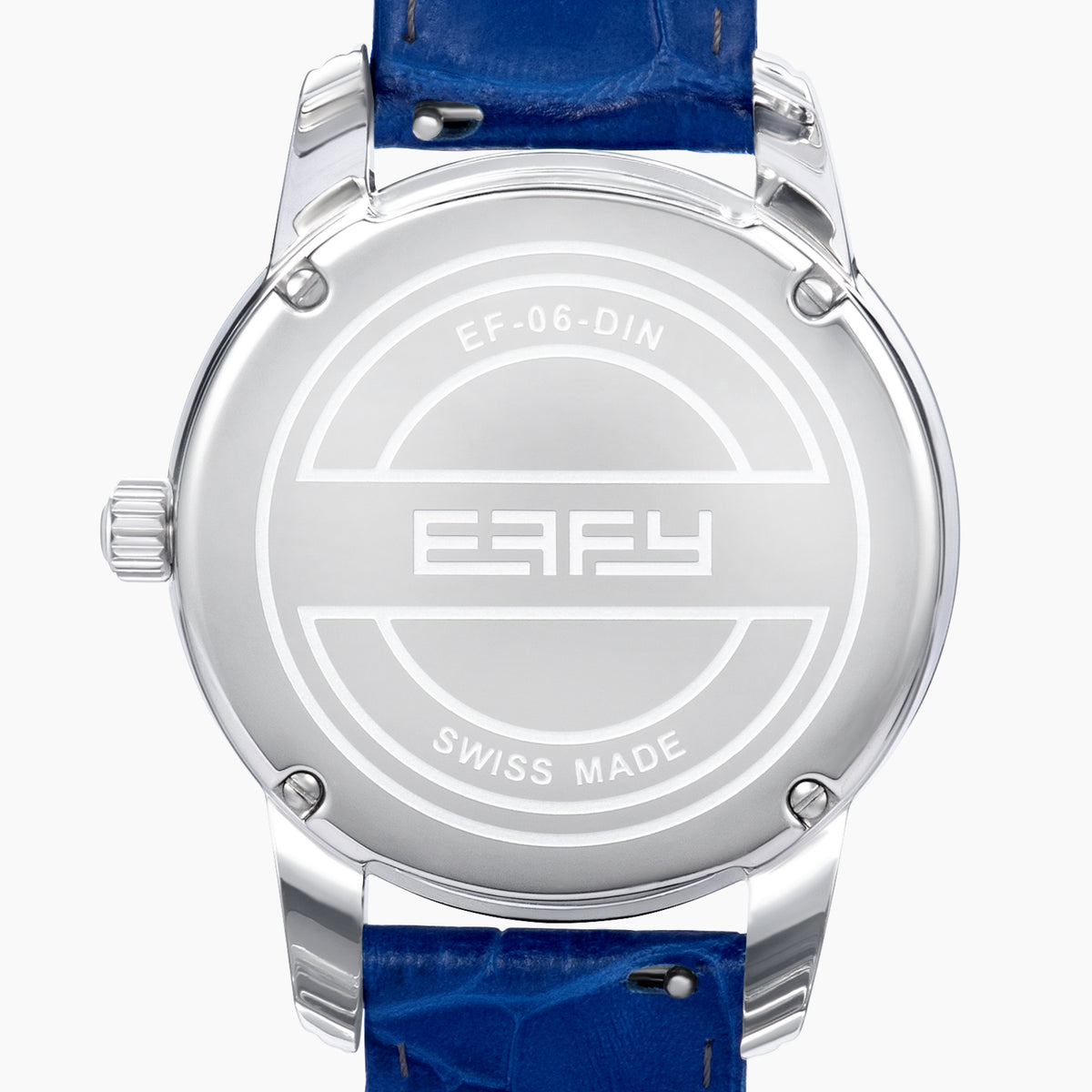 The 38MM Swiss Made Stainless Steel watch features a diamond-encrusted silver case, blue topaz hour markers, textured silver geometric dial with the EAFY logo, and a blue leather strap for a luxurious finish.