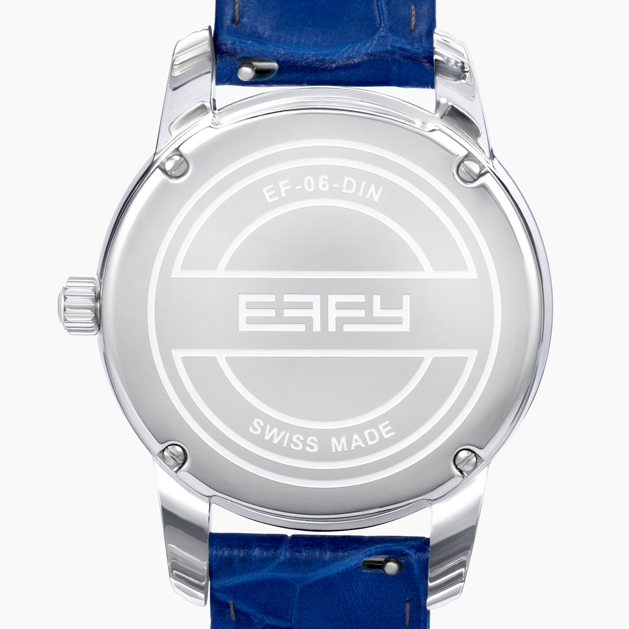 The 38MM Swiss Made Stainless Steel watch features a diamond-encrusted silver case, blue topaz hour markers, textured silver geometric dial with the EAFY logo, and a blue leather strap for a luxurious finish.