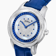 The 38MM Swiss Made Stainless Steel watch features a diamond-encrusted silver case, blue topaz hour markers, textured silver geometric dial with the EAFY logo, and a blue leather strap for a luxurious finish.