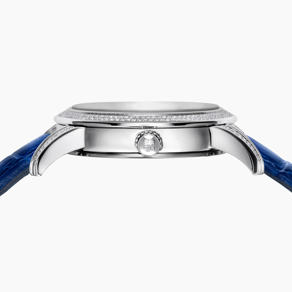 The 38MM Swiss Made Stainless Steel watch features a diamond-encrusted silver case, blue topaz hour markers, textured silver geometric dial with the EAFY logo, and a blue leather strap for a luxurious finish.