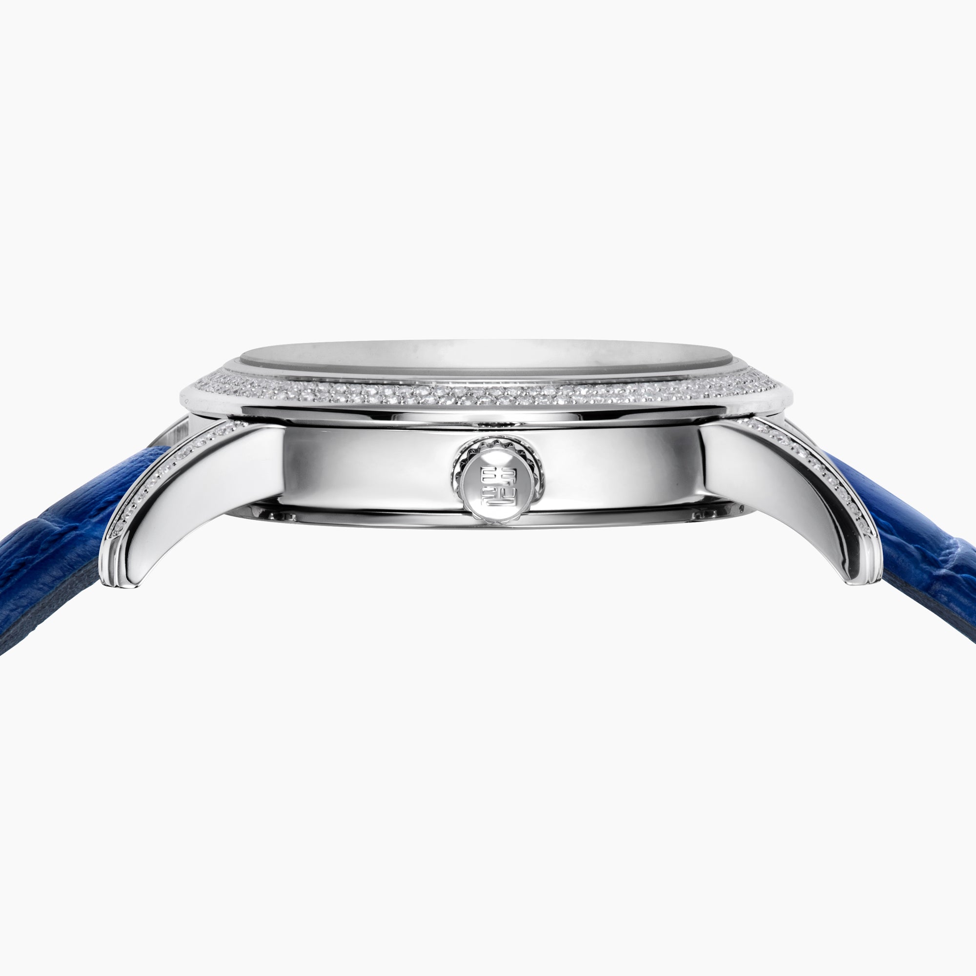 The 38MM Swiss Made Stainless Steel watch features a diamond-encrusted silver case, blue topaz hour markers, textured silver geometric dial with the EAFY logo, and a blue leather strap for a luxurious finish.