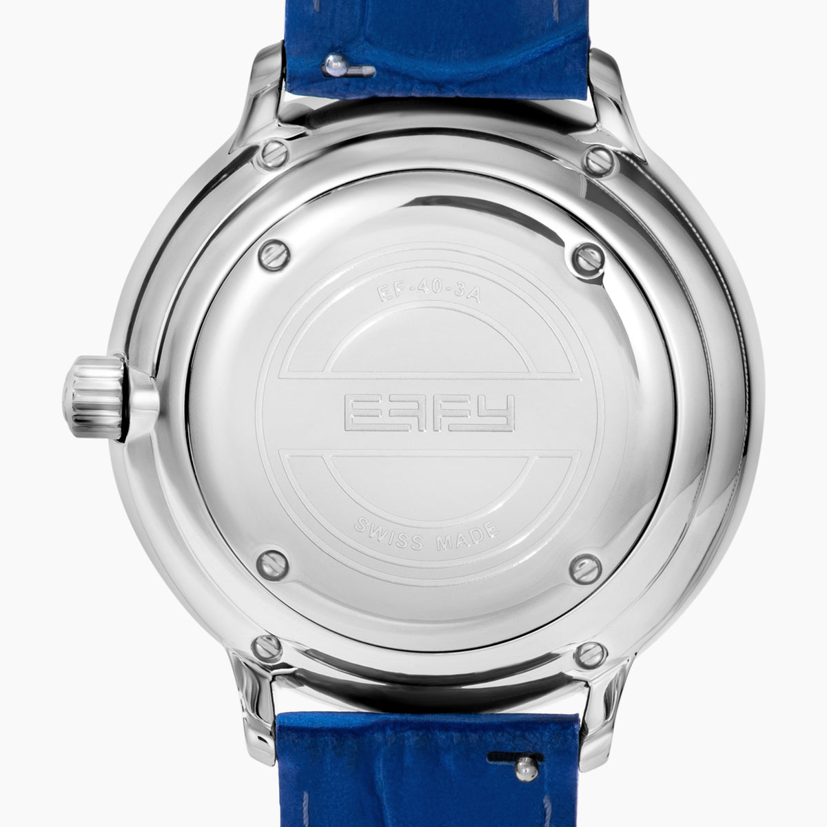 The 38MM Swiss Made Stainless Steel Spinning Starfish Watch features diamonds, blue topaz, a blue leather strap, silver face with blue accents, silver hands, the EARY logo on the dial, and a jeweled starfish motif near the bottom.