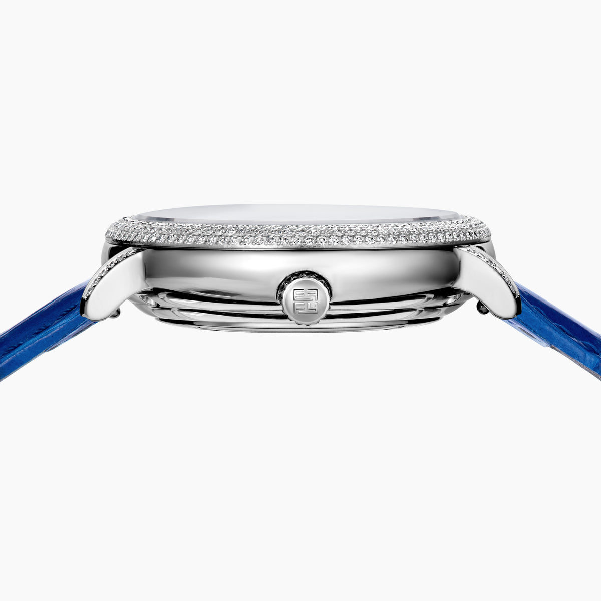 The 38MM Swiss Made Stainless Steel Spinning Starfish Watch features diamonds, blue topaz, a blue leather strap, silver face with blue accents, silver hands, the EARY logo on the dial, and a jeweled starfish motif near the bottom.