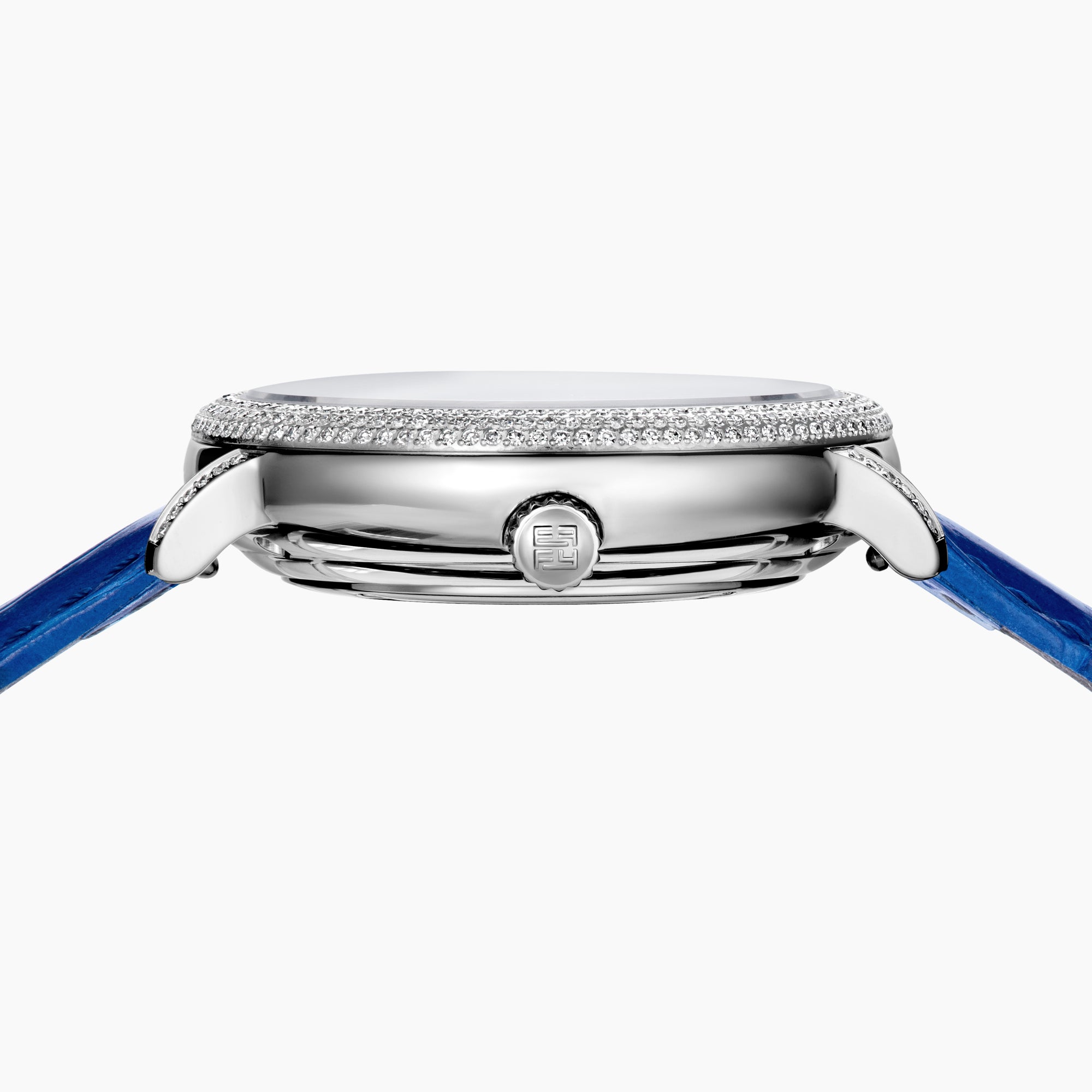 The 38MM Swiss Made Stainless Steel Spinning Starfish Watch features diamonds, blue topaz, a blue leather strap, silver face with blue accents, silver hands, the EARY logo on the dial, and a jeweled starfish motif near the bottom.