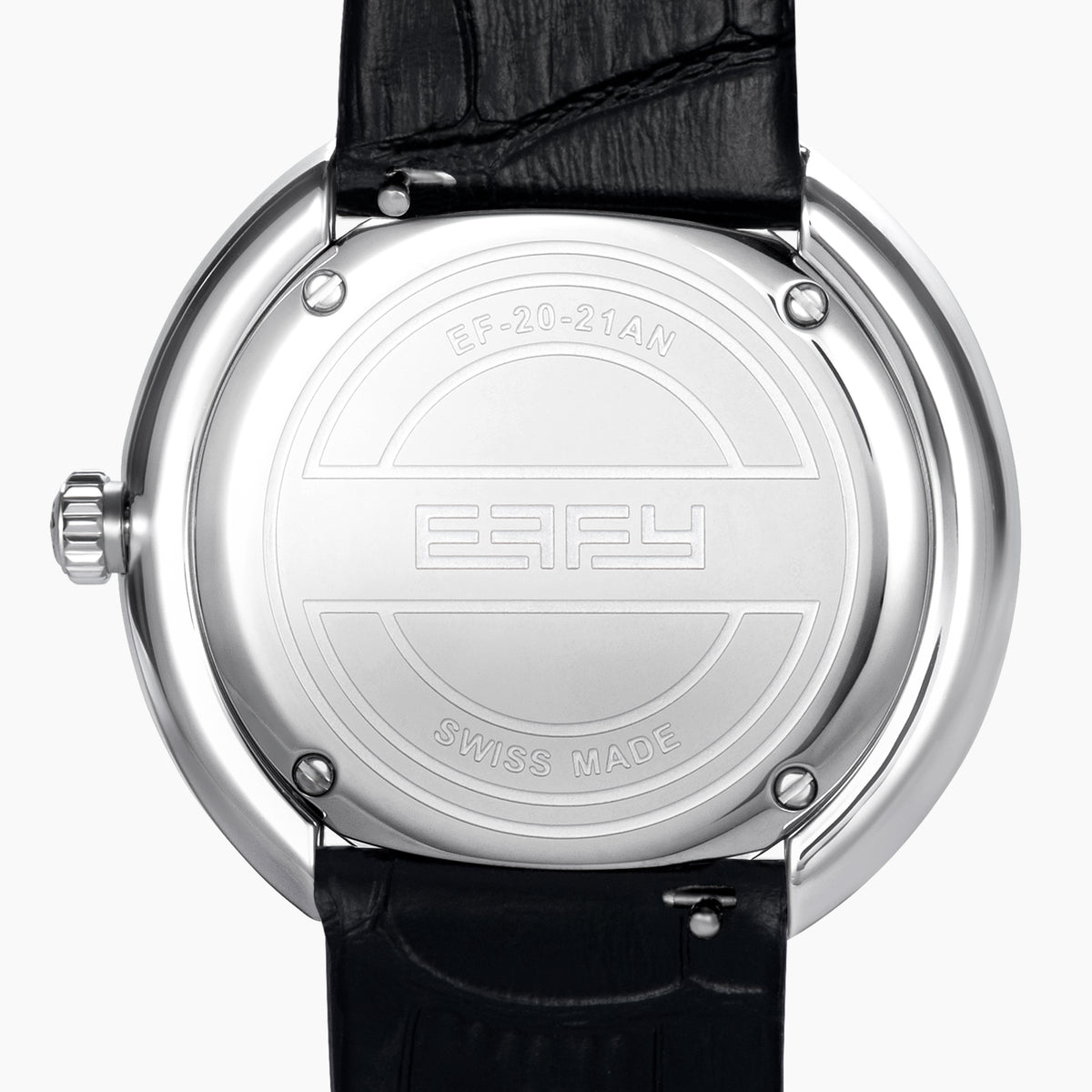 The 39MM Swiss Made Stainless Steel Signature Panther Watch with Diamonds features a black leather strap, diamond-encrusted bezel, and a dial adorned with a detailed panther head crafted from black and colored gemstones.