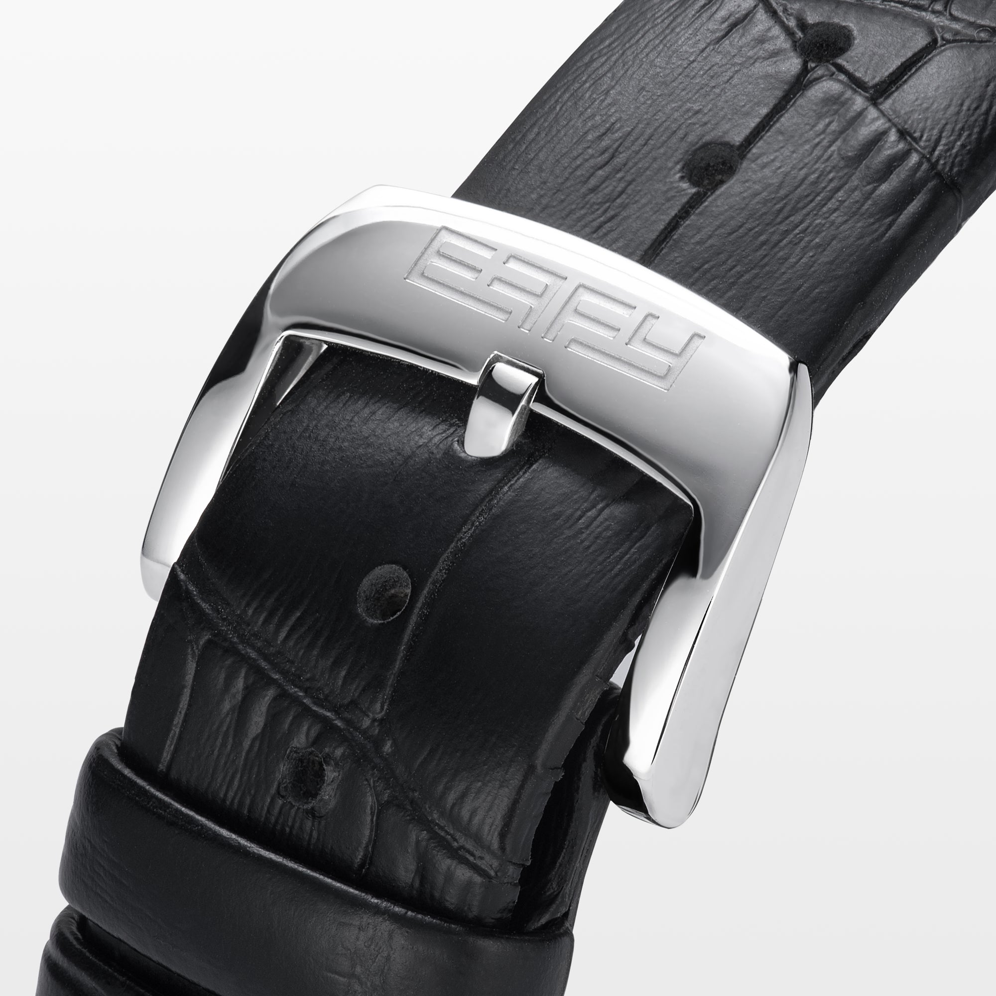 The 39MM Swiss Made Stainless Steel Signature Panther Watch with Diamonds features a black leather strap, diamond-encrusted bezel, and a dial adorned with a detailed panther head crafted from black and colored gemstones.