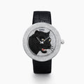 The 39MM Swiss Made Stainless Steel Signature Panther Watch with Diamonds features a black leather strap, diamond-encrusted bezel, and a dial adorned with a detailed panther head crafted from black and colored gemstones.