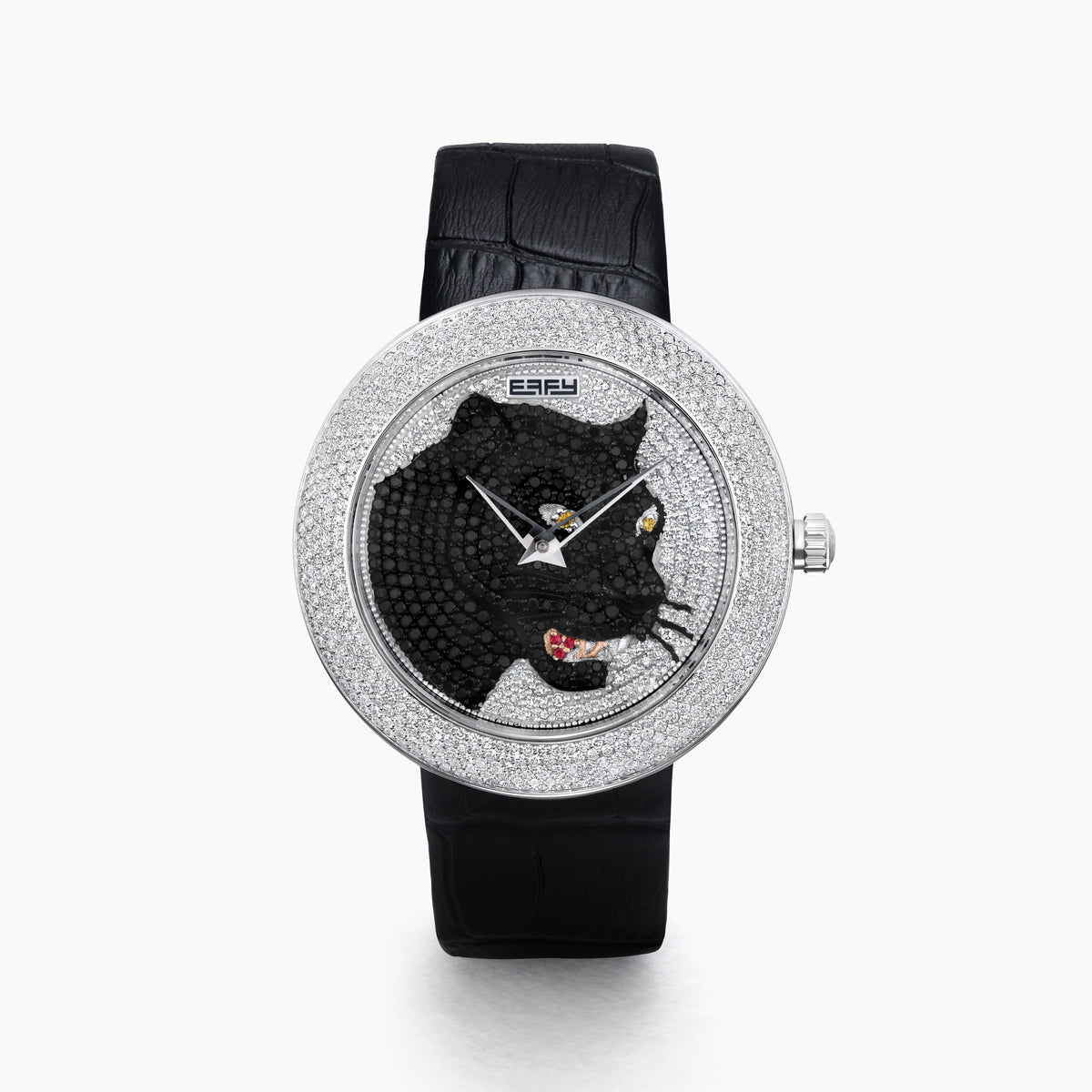 The 39MM Swiss Made Stainless Steel Signature Panther Watch with Diamonds features a black leather strap, diamond-encrusted bezel, and a dial adorned with a detailed panther head crafted from black and colored gemstones.