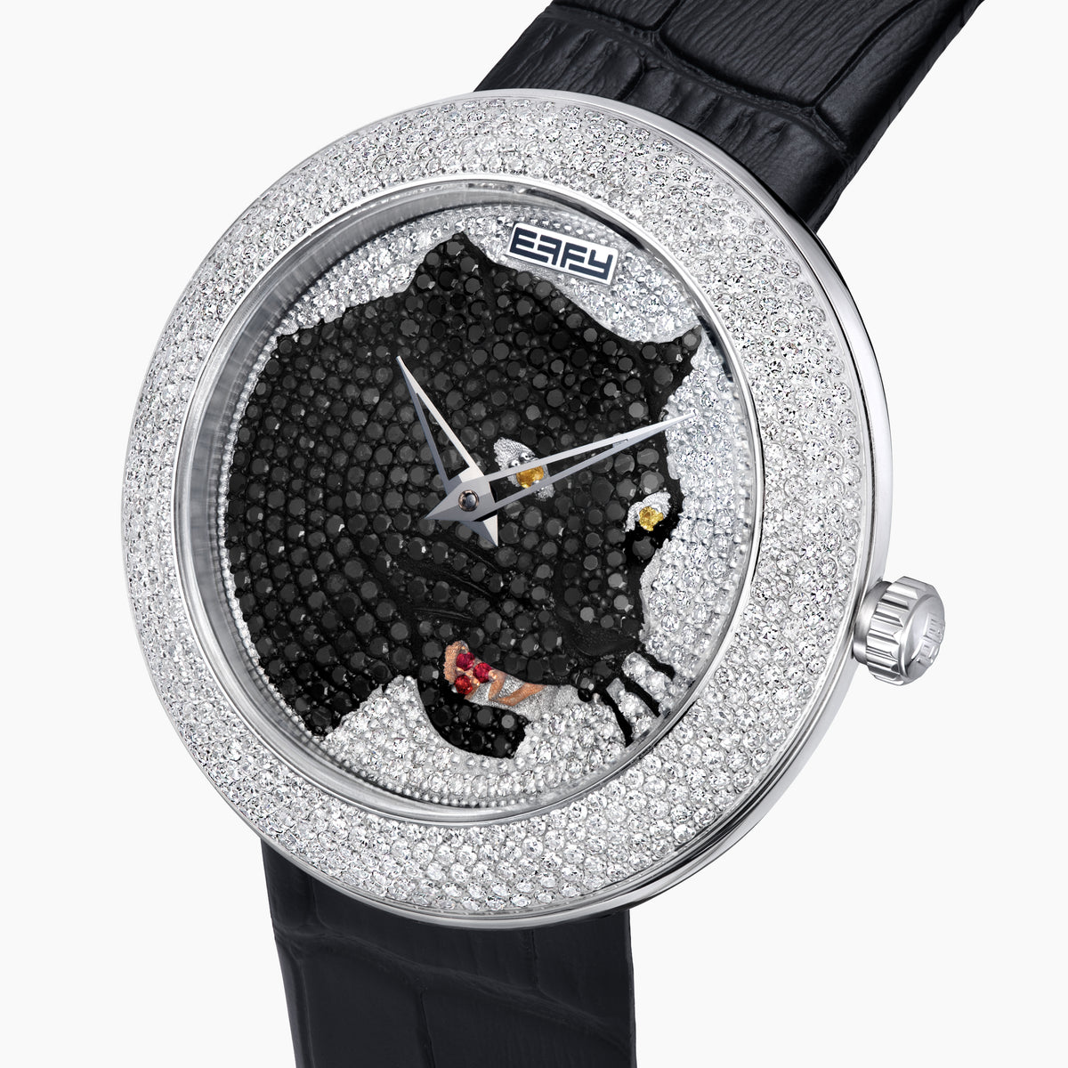 The 39MM Swiss Made Stainless Steel Signature Panther Watch with Diamonds features a black leather strap, diamond-encrusted bezel, and a dial adorned with a detailed panther head crafted from black and colored gemstones.