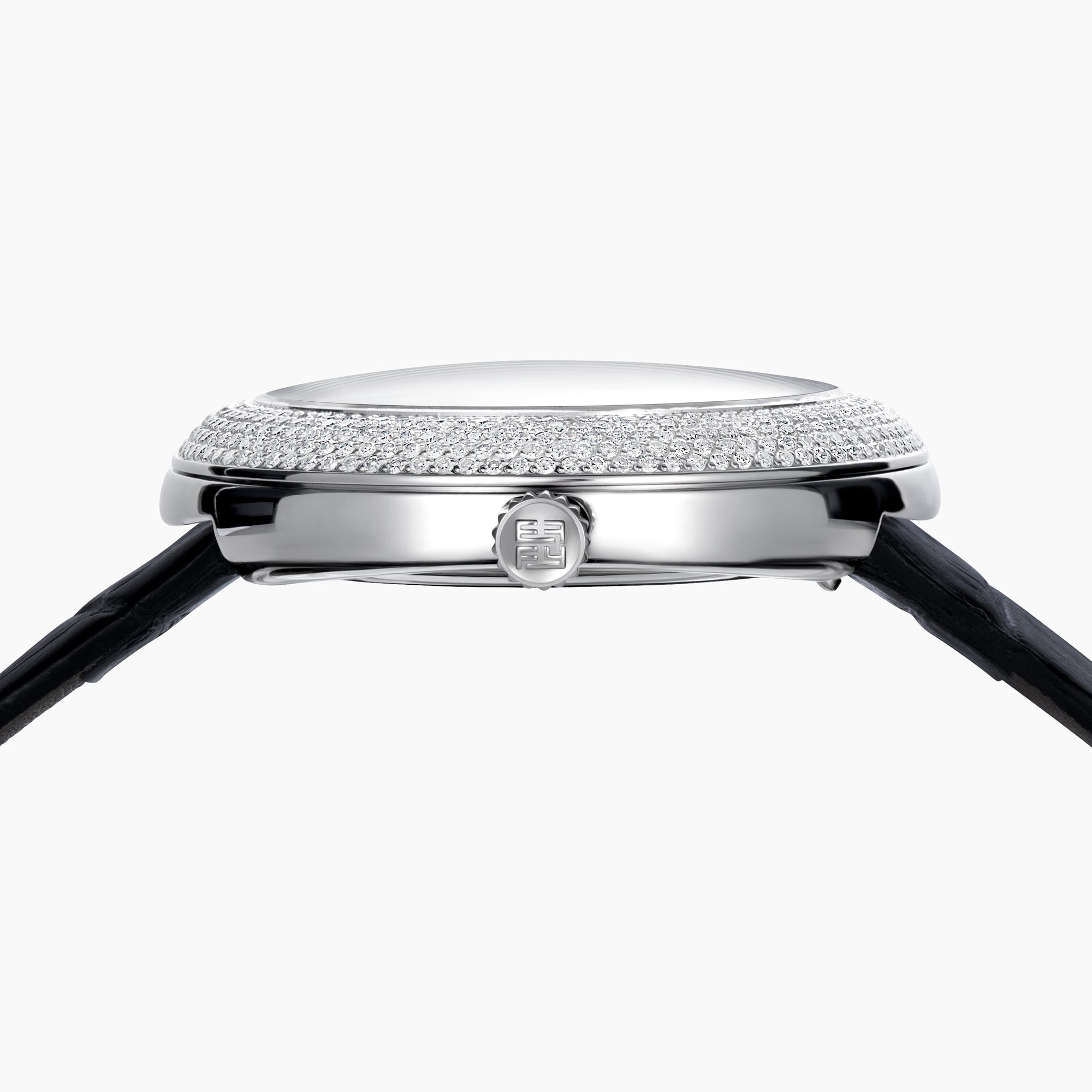 The 39MM Swiss Made Stainless Steel Signature Panther Watch with Diamonds features a black leather strap, diamond-encrusted bezel, and a dial adorned with a detailed panther head crafted from black and colored gemstones.