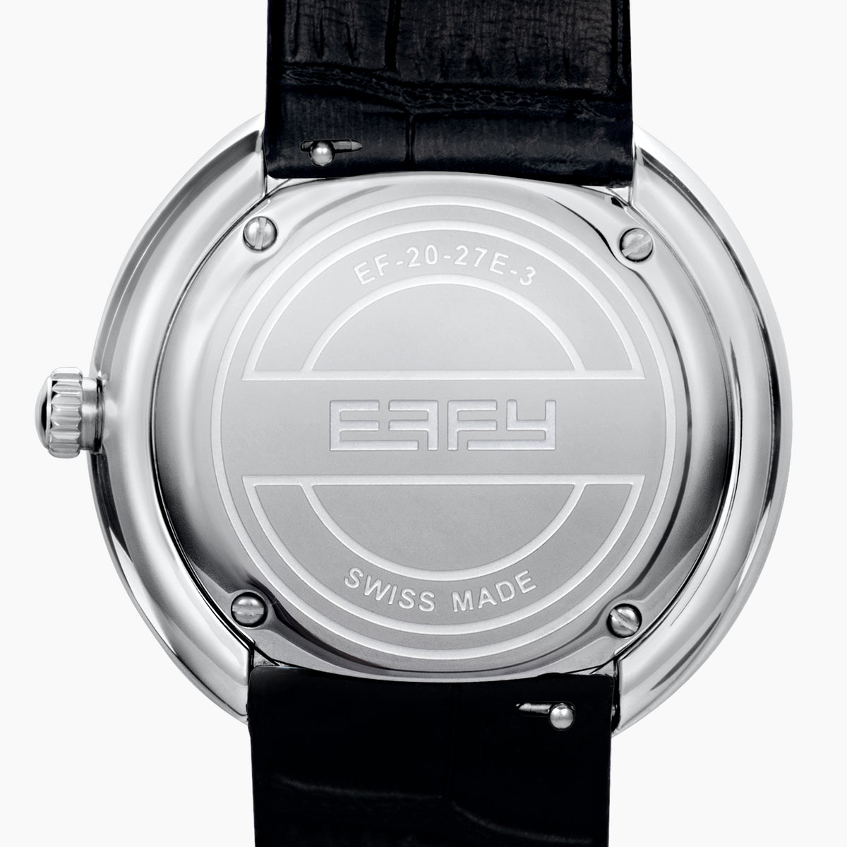 The 39MM Swiss Made Stainless Steel Watch with Diamonds showcases a round diamond-encrusted bezel, mother-of-pearl dial with silver numerals, and a black leather strap, elegantly set against a plain white background.