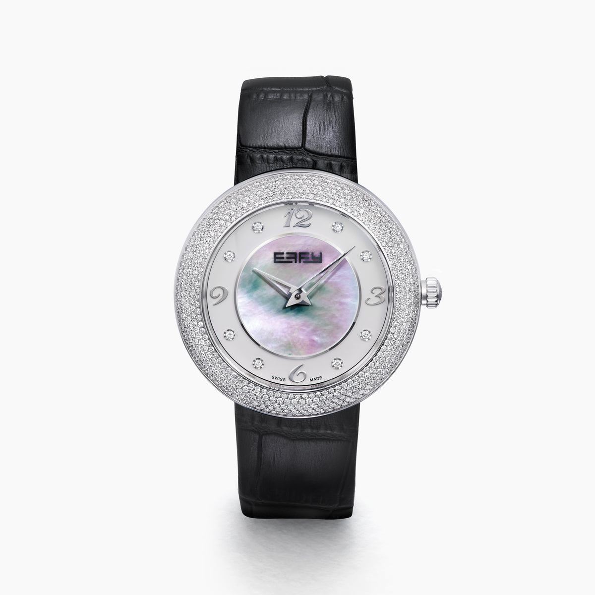 The 39MM Swiss Made Stainless Steel Watch with Diamonds showcases a round diamond-encrusted bezel, mother-of-pearl dial with silver numerals, and a black leather strap, elegantly set against a plain white background.