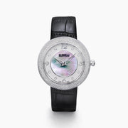 The 39MM Swiss Made Stainless Steel Watch with Diamonds showcases a round diamond-encrusted bezel, mother-of-pearl dial with silver numerals, and a black leather strap, elegantly set against a plain white background.