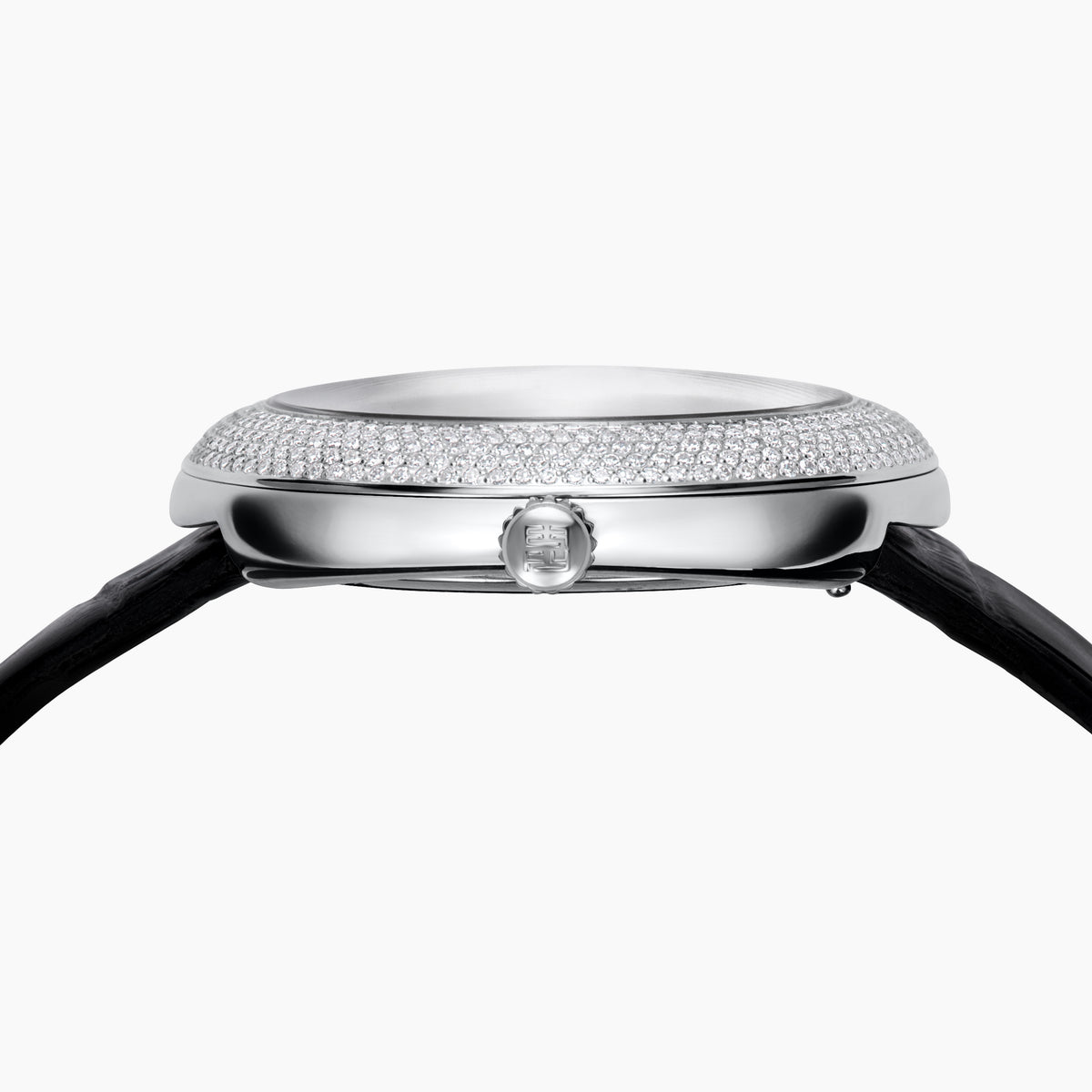 The 39MM Swiss Made Stainless Steel Watch with Diamonds showcases a round diamond-encrusted bezel, mother-of-pearl dial with silver numerals, and a black leather strap, elegantly set against a plain white background.