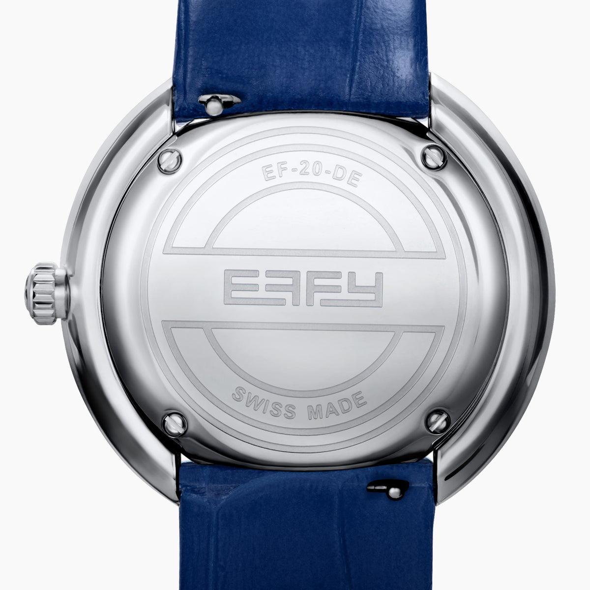 The 39MM Swiss Made Stainless Steel Turtle Watch features diamonds, sapphires, and tsavorite. It has a blue strap and dial, jeweled turtle motif in green and white stones, a diamond-encrusted silver bezel, and EFFY branding on the face.