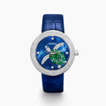 The 39MM Swiss Made Stainless Steel Turtle Watch features diamonds, sapphires, and tsavorite. It has a blue strap and dial, jeweled turtle motif in green and white stones, a diamond-encrusted silver bezel, and EFFY branding on the face.
