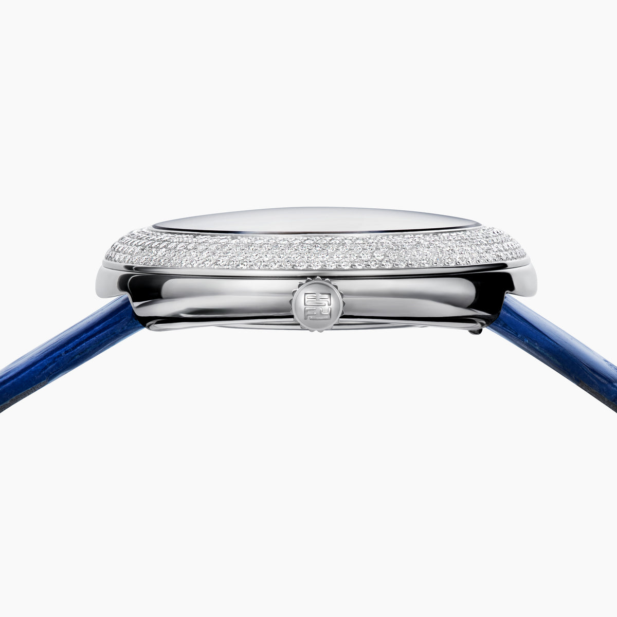 The 39MM Swiss Made Stainless Steel Turtle Watch features diamonds, sapphires, and tsavorite. It has a blue strap and dial, jeweled turtle motif in green and white stones, a diamond-encrusted silver bezel, and EFFY branding on the face.