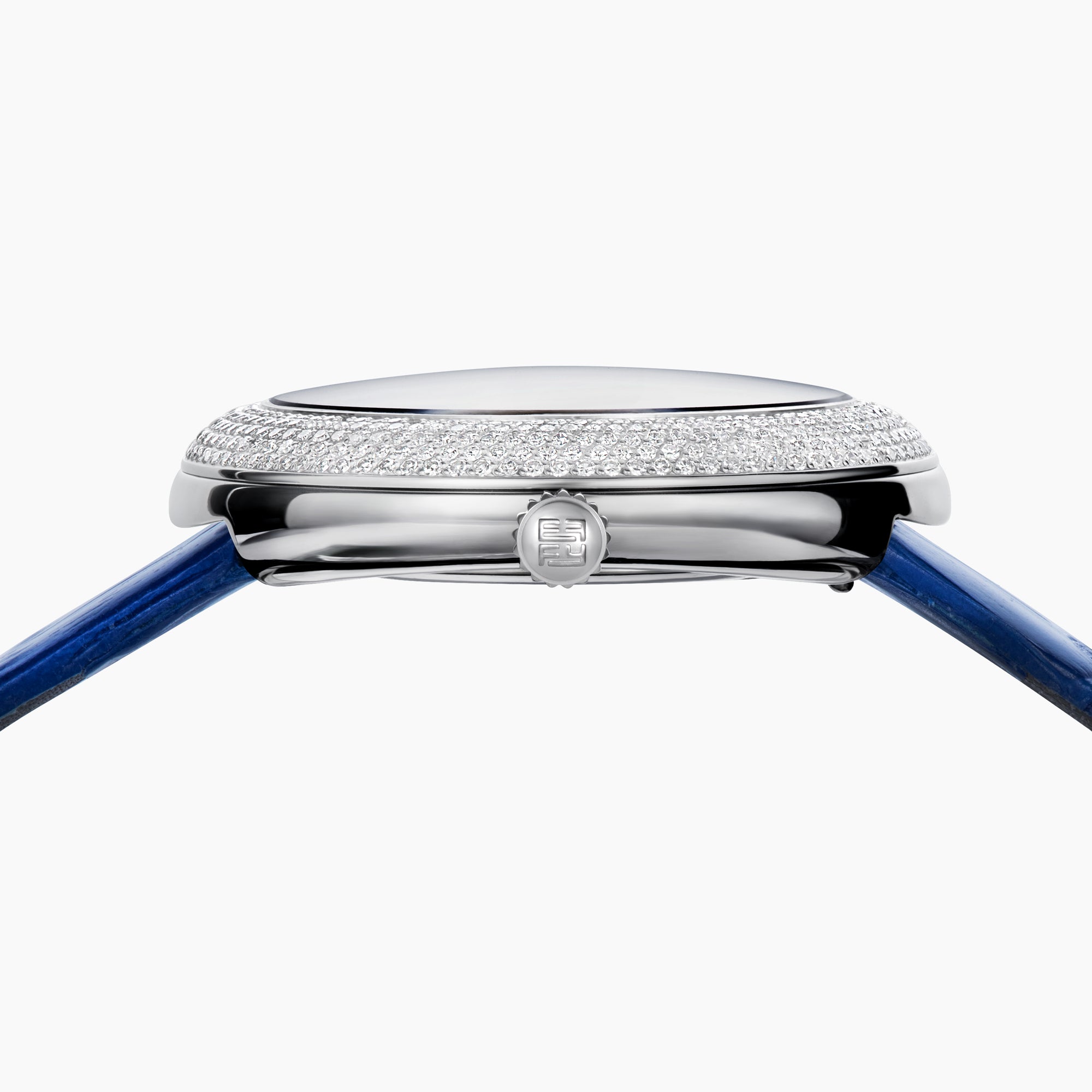 The 39MM Swiss Made Stainless Steel Turtle Watch features diamonds, sapphires, and tsavorite. It has a blue strap and dial, jeweled turtle motif in green and white stones, a diamond-encrusted silver bezel, and EFFY branding on the face.