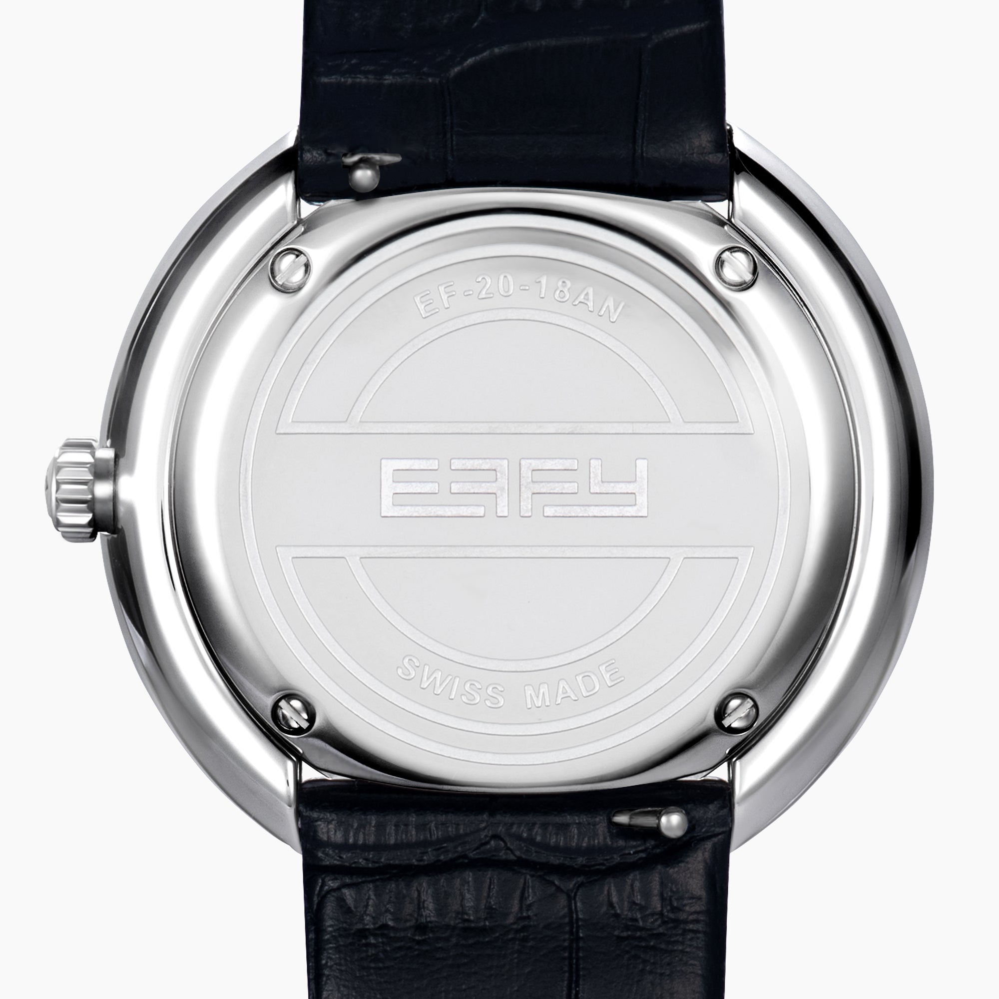 The 39MM Swiss Made Stainless Steel Signature Panther Watch with Diamonds features a jeweled panther design on the dial, gold and diamond accents, green gemstone eyes, and a black leather strap.