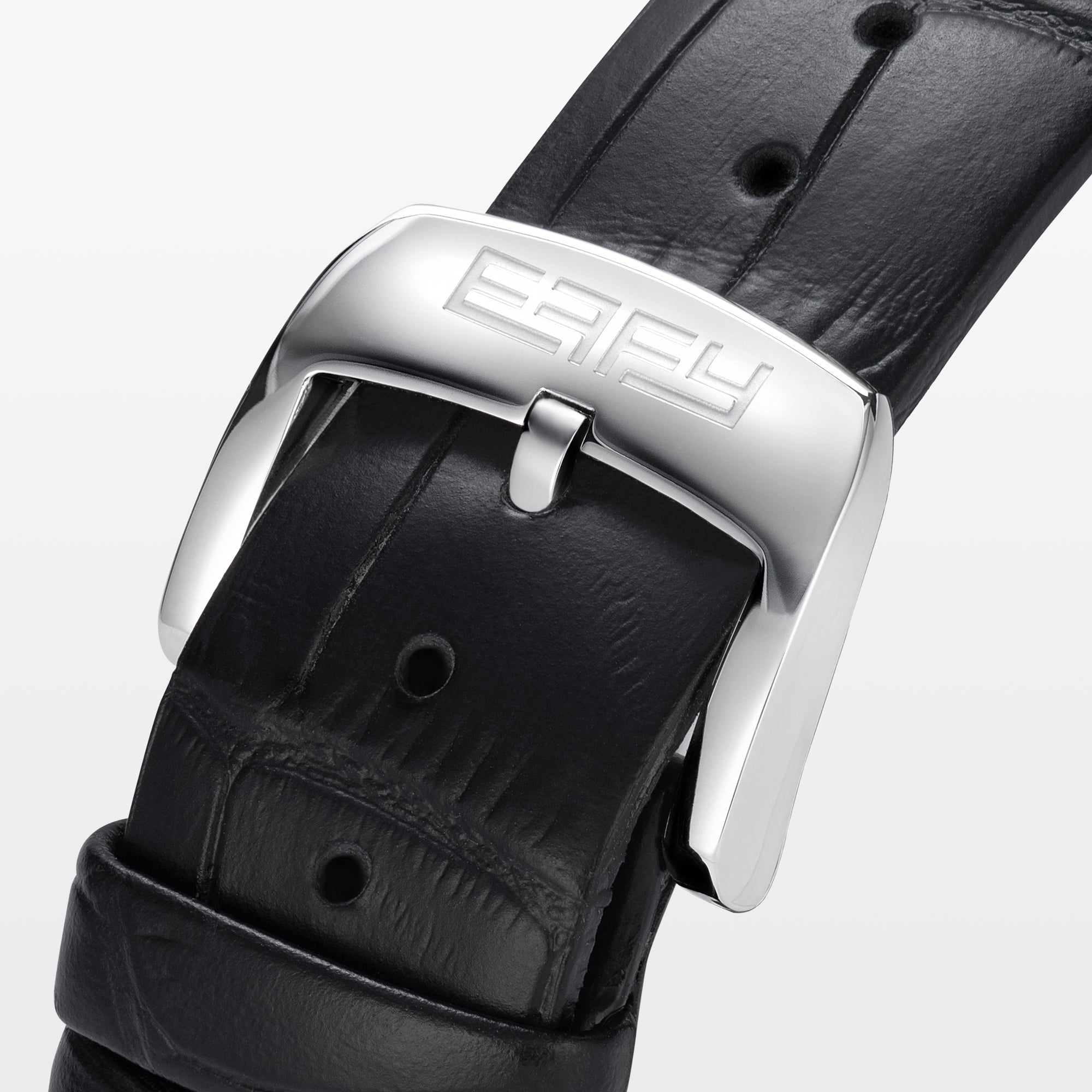 The 39MM Swiss Made Stainless Steel Signature Panther Watch with Diamonds features a jeweled panther design on the dial, gold and diamond accents, green gemstone eyes, and a black leather strap.