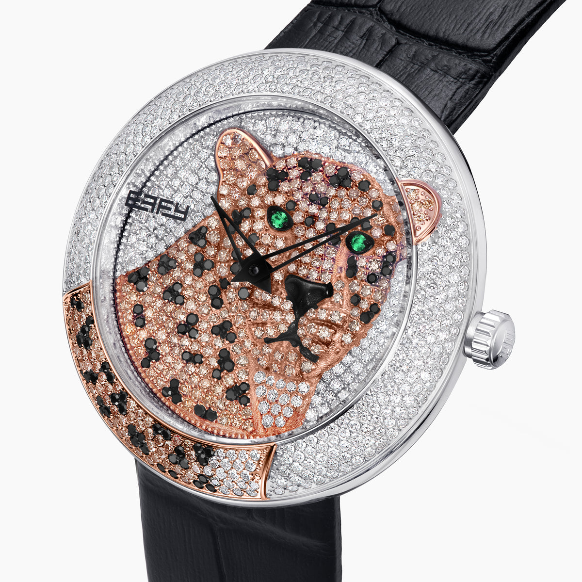 The 39MM Swiss Made Stainless Steel Signature Panther Watch with Diamonds features a jeweled panther design on the dial, gold and diamond accents, green gemstone eyes, and a black leather strap.