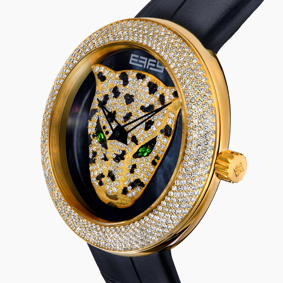 The 39MM Swiss Made 18K Yellow Gold Signature Round Panther Watch with Diamonds features a jeweled panther face on a glossy black dial, green eyes, gold hands, and a diamond-encrusted bezel with a black leather strap for luxurious elegance.